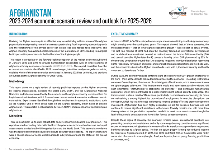 ACAPS Thematic Report: Afghanistan - 2023-2024 economic scenario review and outlook for 2025-2026 (30 December 2024) - Afghanistan