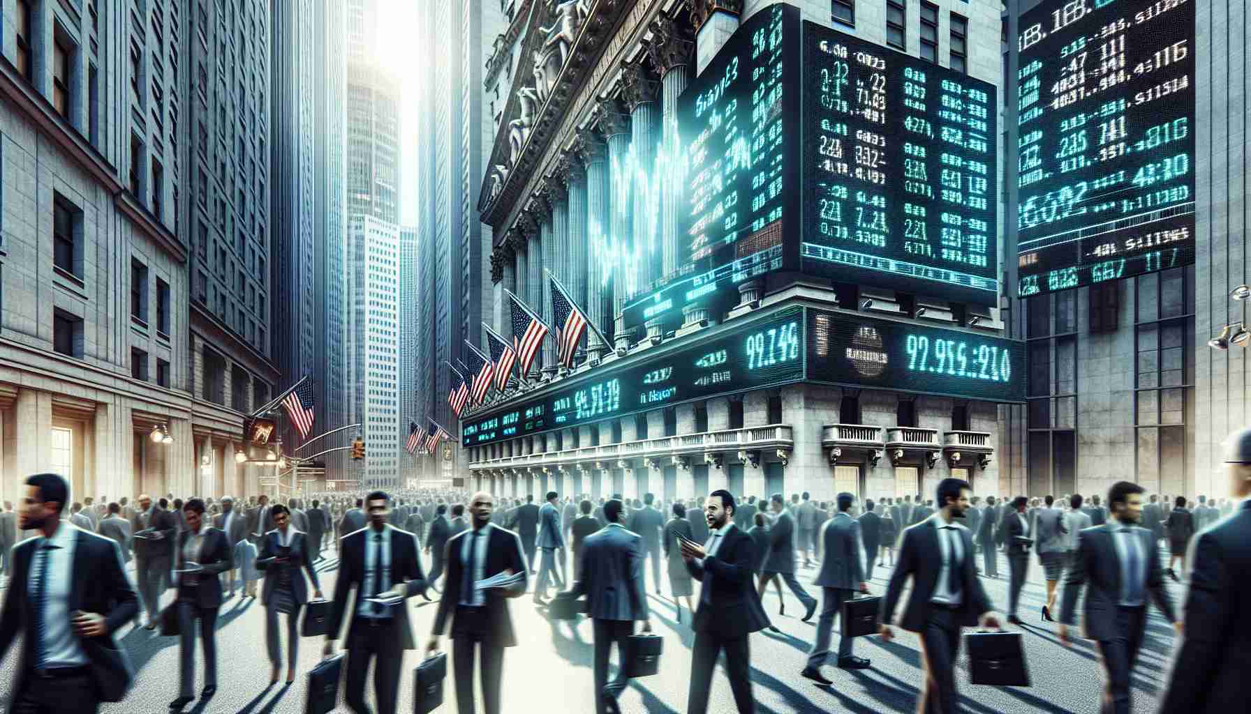 High-definition, realistic image capturing the energy and frenzy of Wall Street. The scene showcases an abundance of electronic signboards brightly displaying key economic indicators and crucial earnings data, capturing everyone's attention. Businesspeople of all genders and descents - Caucasian, Hispanic, Black, Middle-Eastern, South Asian, and White - hustle amidst towering buildings. The hustle-bustle of this economic nucleus is marked by the controlled chaos of people, screens, and figures, making for an exciting visual.